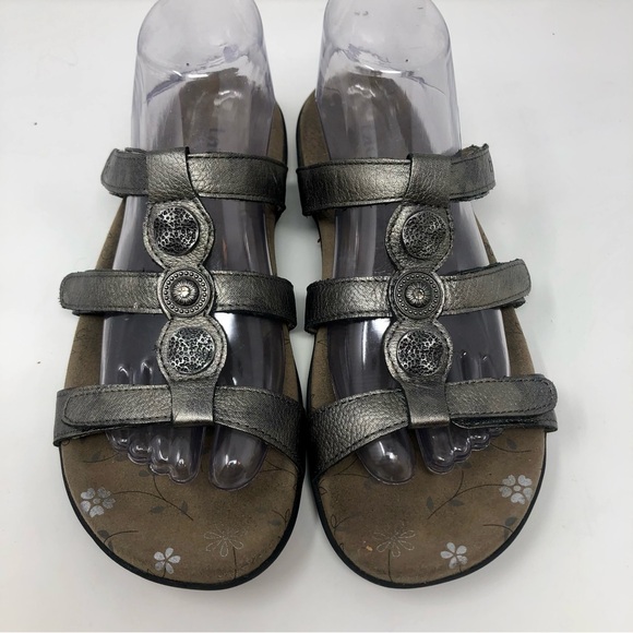 Taos Prize 4 Open Toe Sandals Pewter Gray Leather Three Strap Slip On Flip Flops - Picture 4 of 12